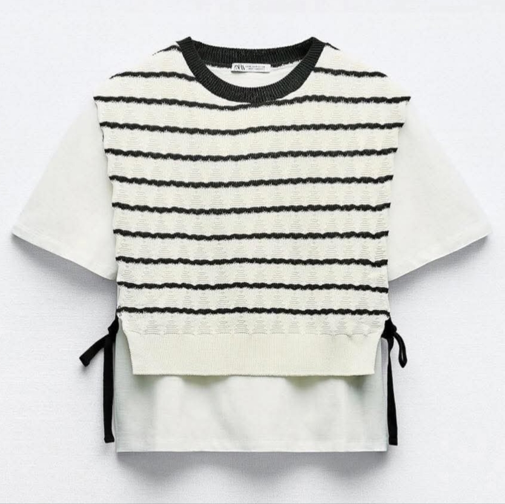Zara Striped Knit Vest Combination T-Shirt with Side Bows Size Large